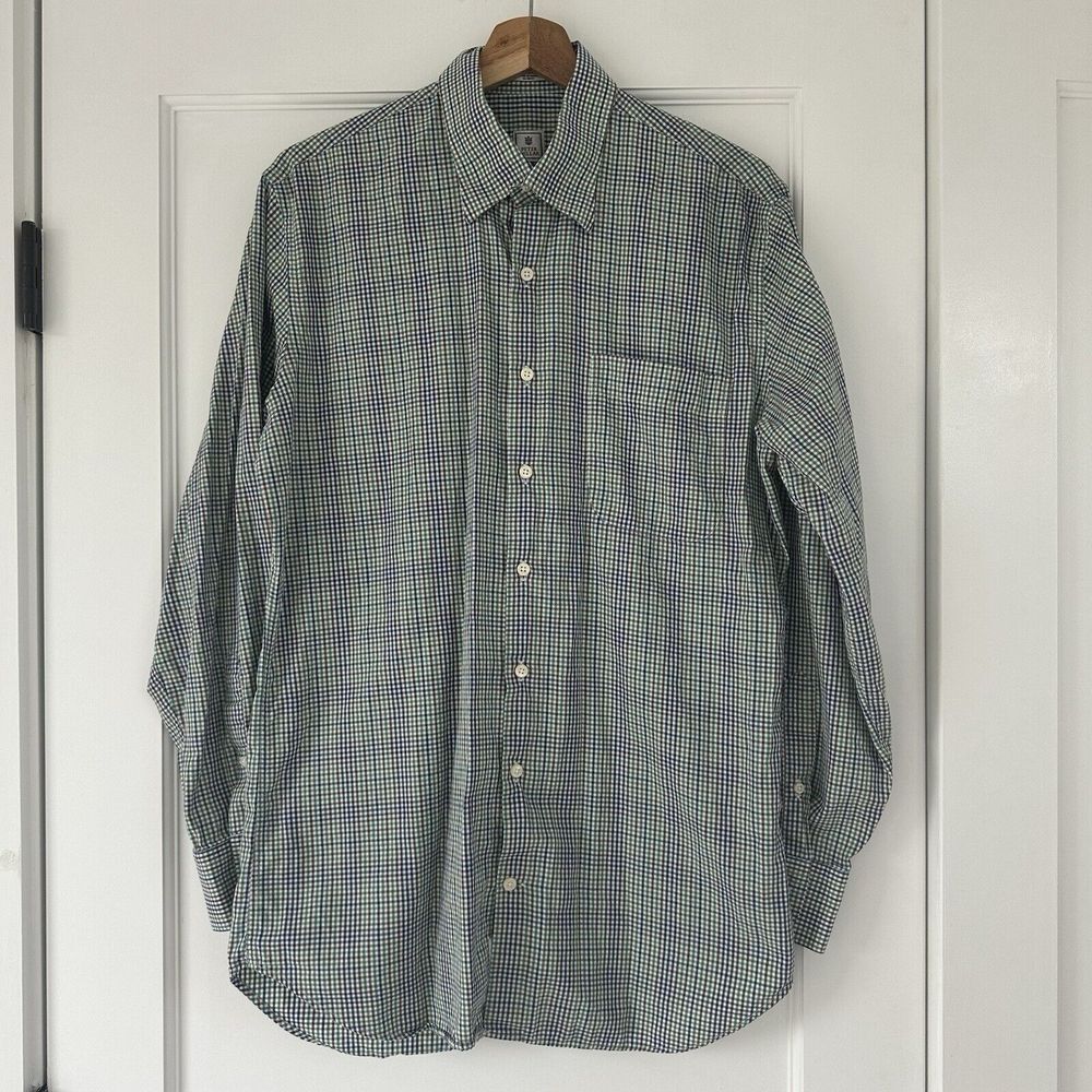 Peter Millar 100% Cotton‎ Button Front Shirt Mens Medium Plaid Blue Green
